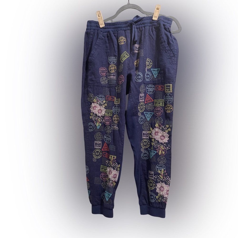 Johnny Was navy blue embroidered jogging pants.  New WoT